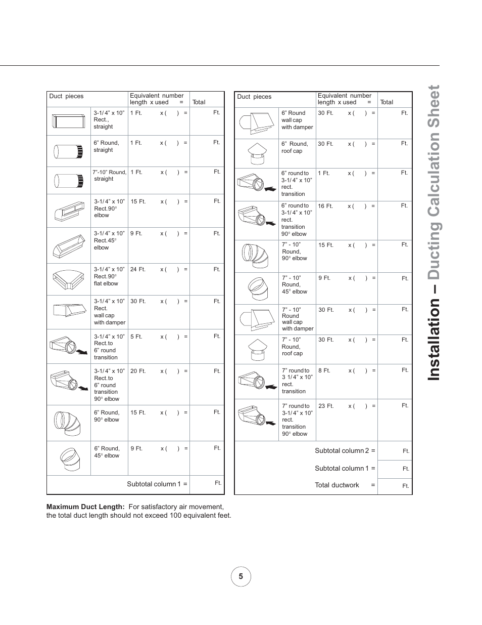 Installation – ducting calculation sheet | Zephyr AK11005 User Manual | Page 7 / 22