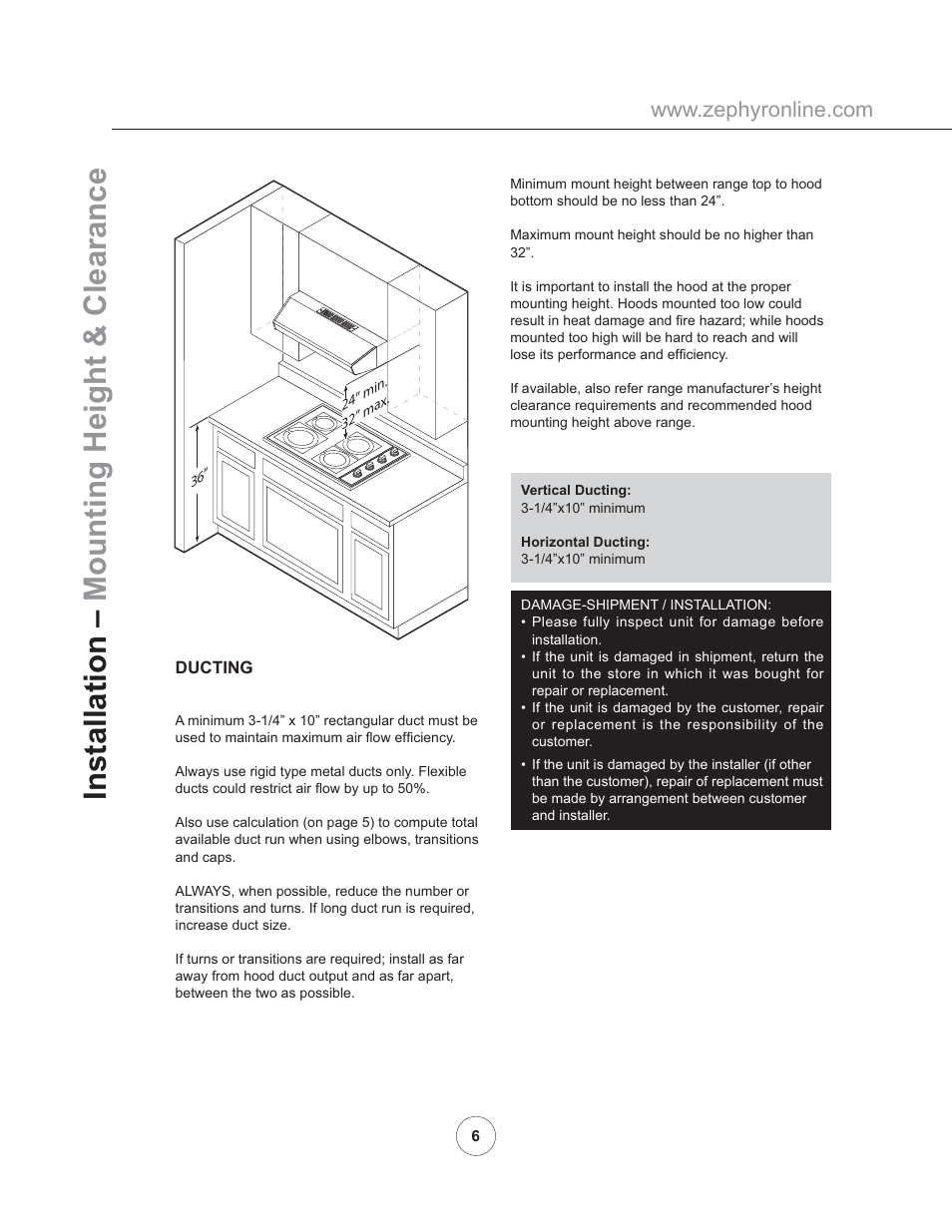Installation – mounting height & clearance | Zephyr AK11005 User Manual | Page 8 / 22