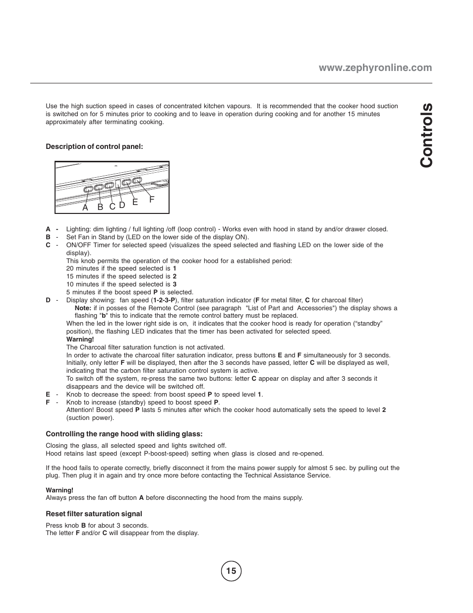 Controls | Zephyr EGL-E36AS User Manual | Page 15 / 21