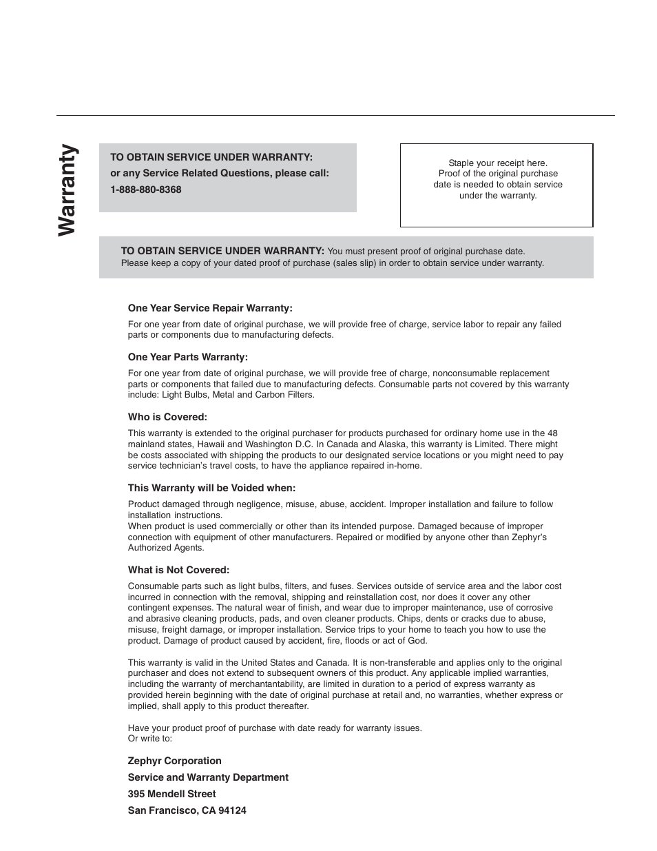 Warranty | Zephyr EGL-E36AS User Manual | Page 18 / 21