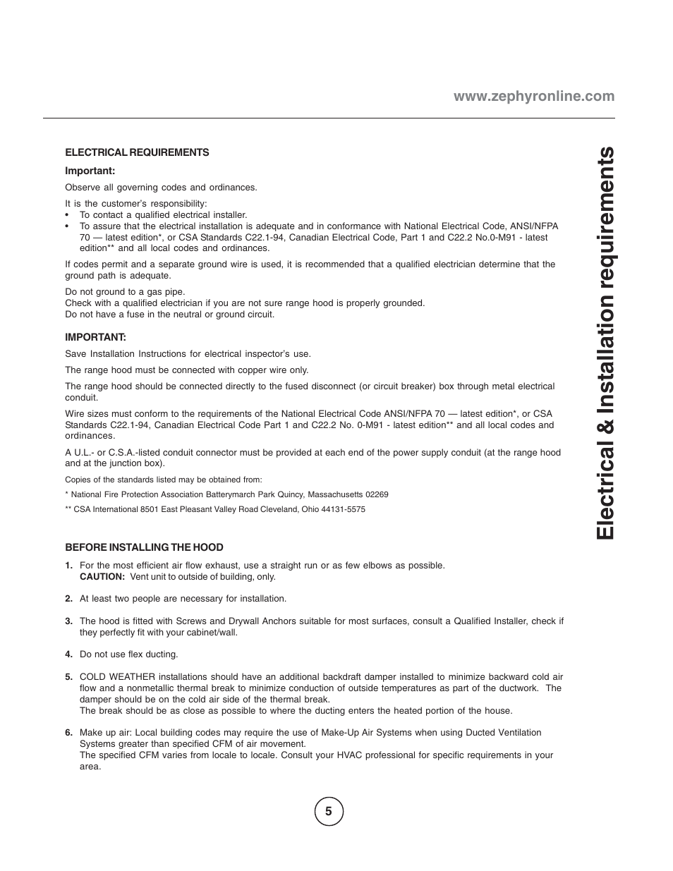 Electrical & inst allation requirement s | Zephyr EGL-E36AS User Manual | Page 5 / 21