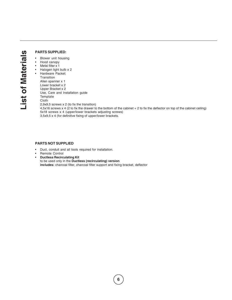 List of materials | Zephyr EGL-E36AS User Manual | Page 6 / 21