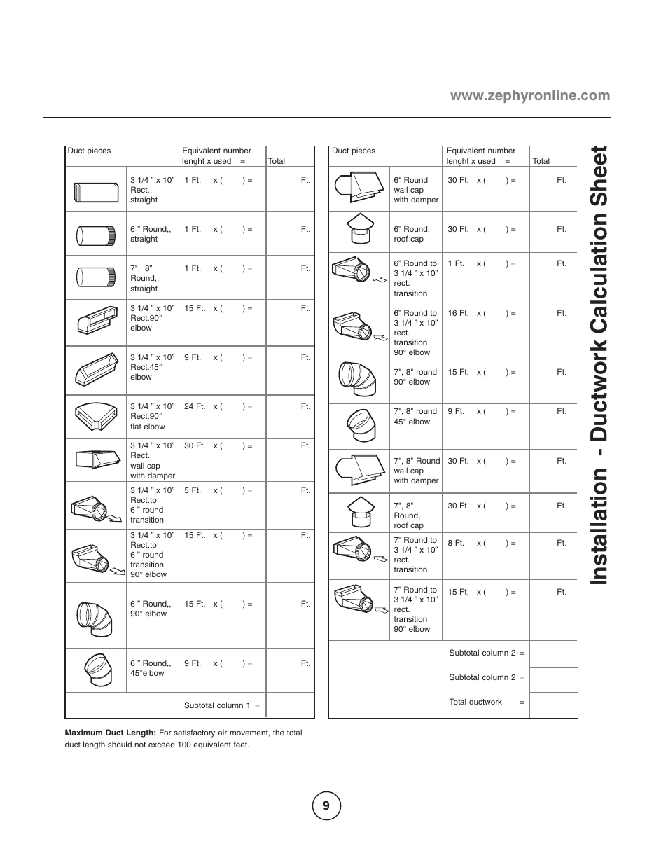 Inst allation - ductwork calculation sheet | Zephyr EGL-E36AS User Manual | Page 9 / 21