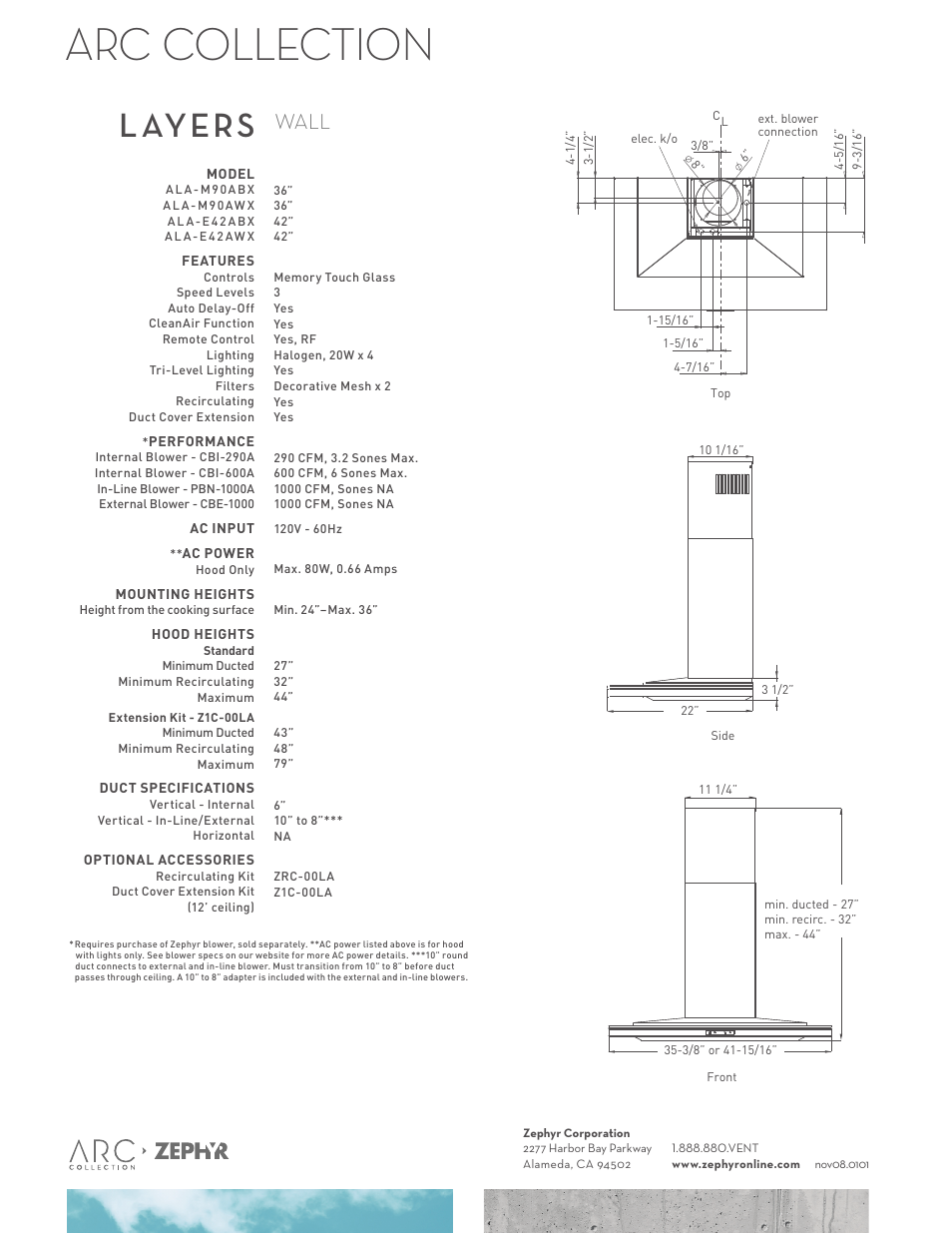 Arc collection, Layers, Wall | Zephyr Layers Wall ALA - M90AWX User Manual | Page 2 / 2