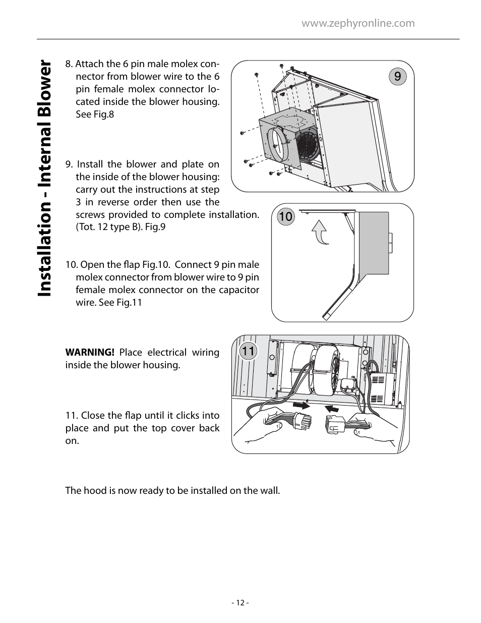 Installa tion - in ternal blo w e r | Zephyr ARC AHZ-M90ABX User Manual | Page 12 / 22