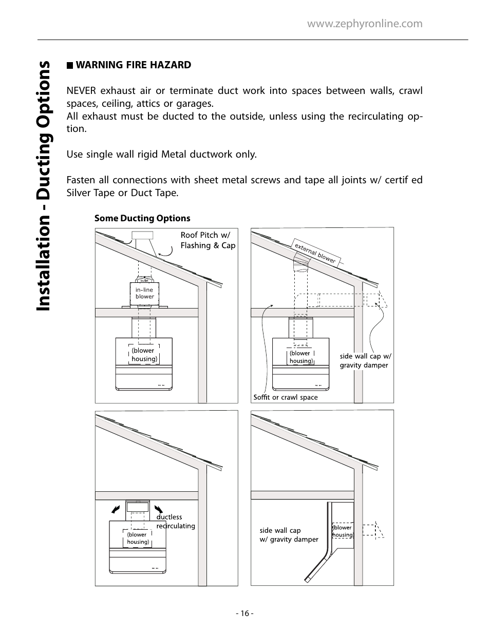 Installa tion - duc ting options | Zephyr ARC AHZ-M90ABX User Manual | Page 16 / 22