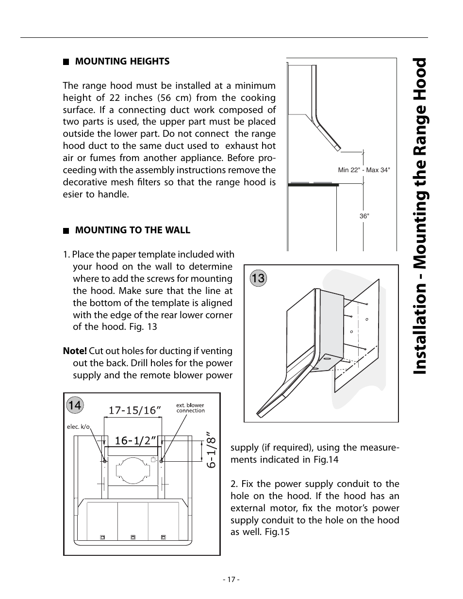 Installa tion - moun ting the r ange hood | Zephyr ARC AHZ-M90ABX User Manual | Page 17 / 22