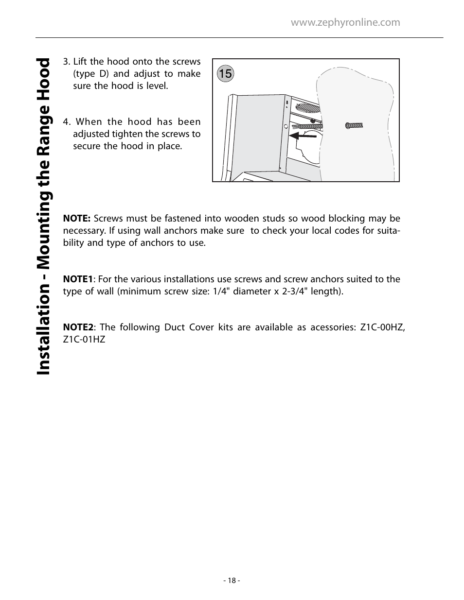 Installa tion - moun ting the r ange hood | Zephyr ARC AHZ-M90ABX User Manual | Page 18 / 22