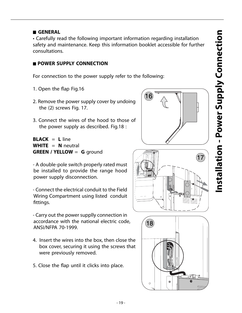 Installa tion - p o w er supply c onnec tion | Zephyr ARC AHZ-M90ABX User Manual | Page 19 / 22