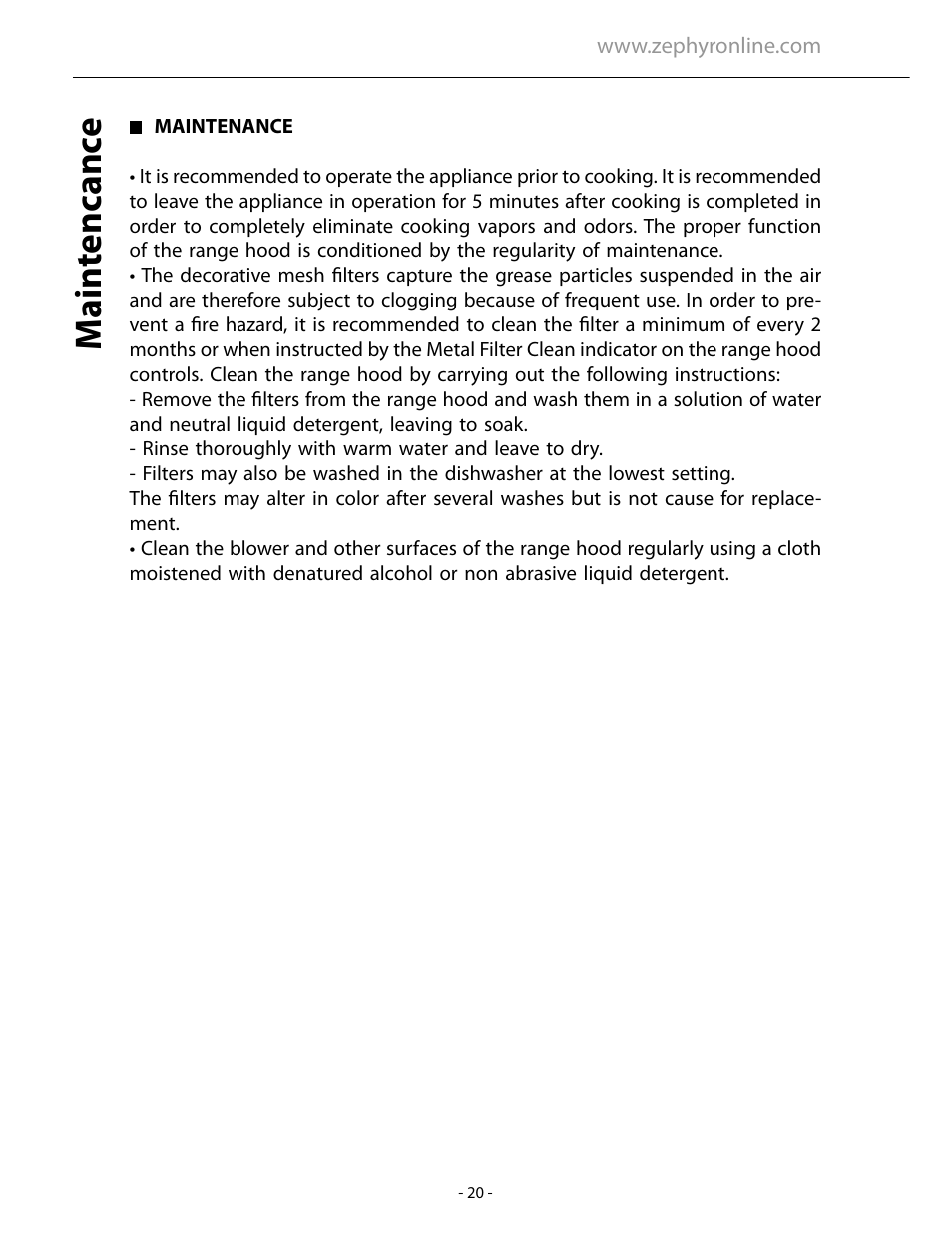 Main tencanc e | Zephyr ARC AHZ-M90ABX User Manual | Page 20 / 22