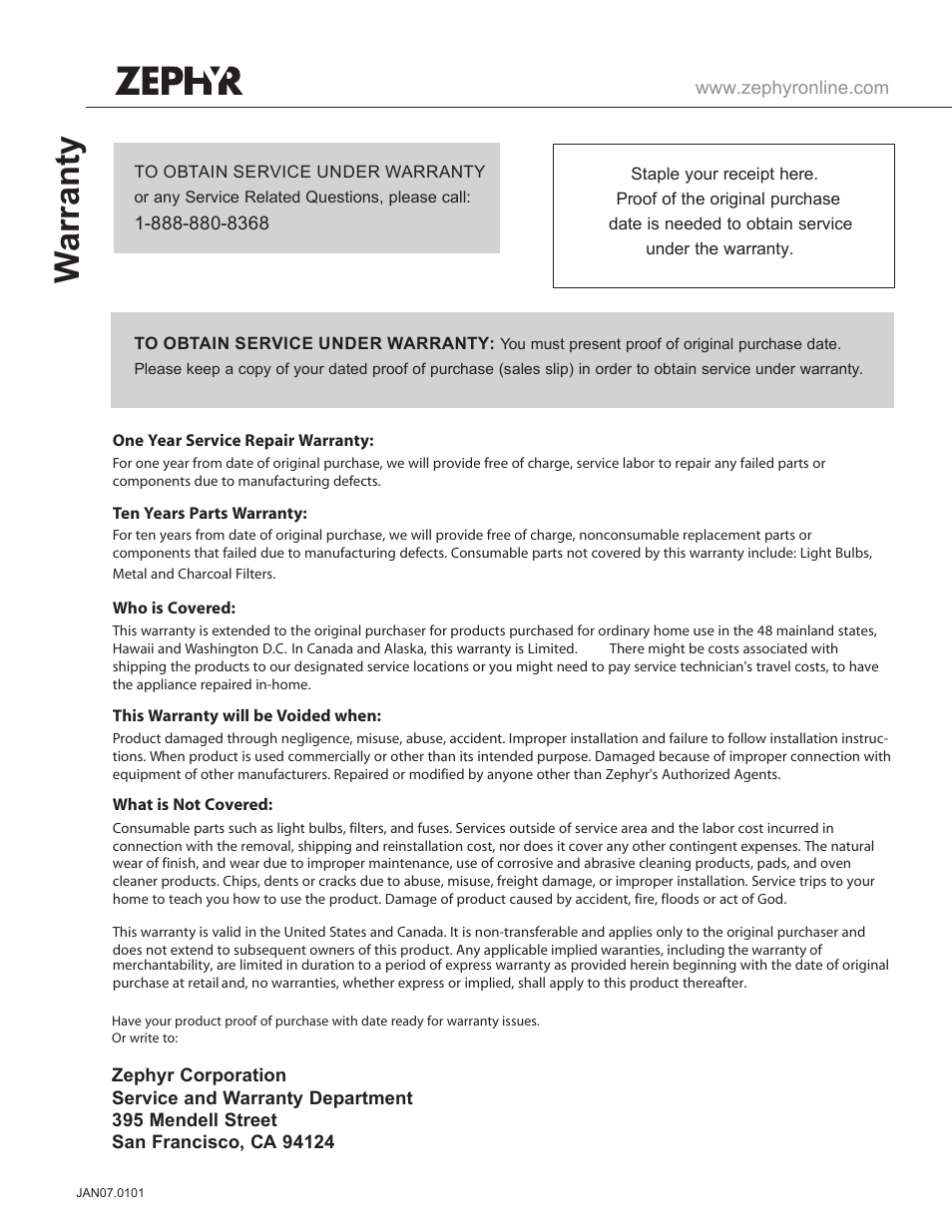 Warranty | Zephyr WHIRLWIND AK9800 User Manual | Page 21 / 21