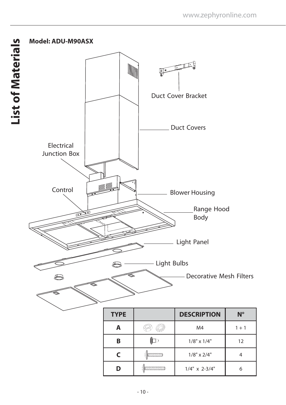 List of ma terials | Zephyr Layers Wall ALA - M90ABX User Manual | Page 10 / 27