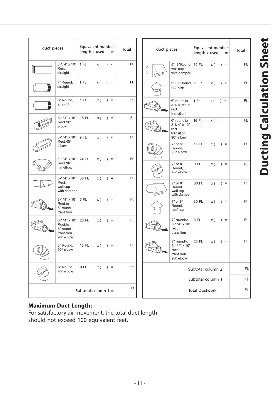 Duc ting c alcula tion sheet | Zephyr Layers Wall ALA - M90ABX User Manual | Page 11 / 27