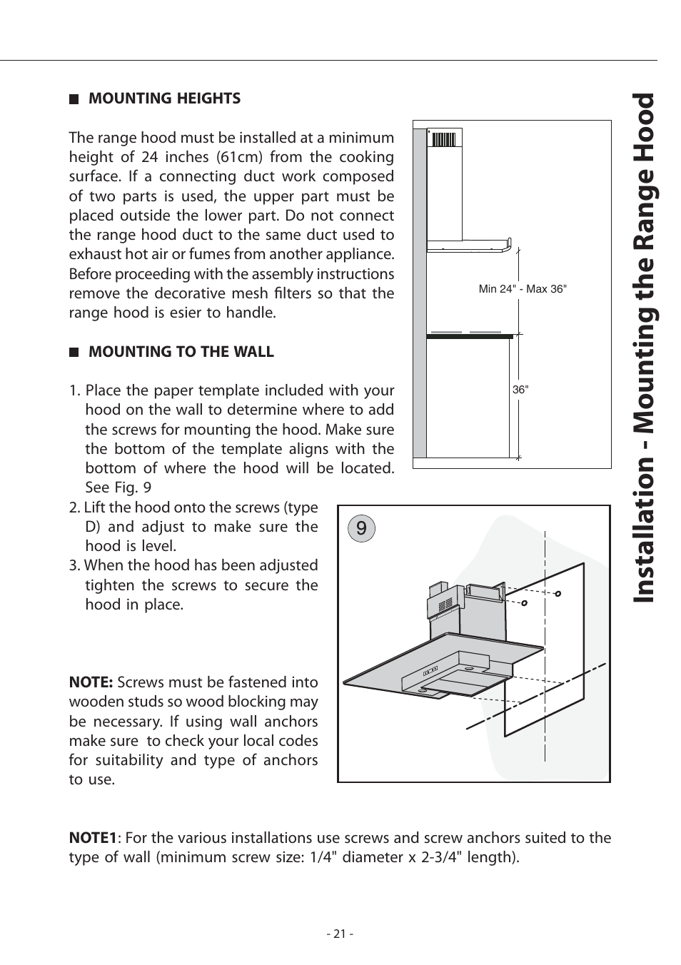 Installa tion - moun ting the r ange hood | Zephyr Layers Wall ALA - M90ABX User Manual | Page 21 / 27