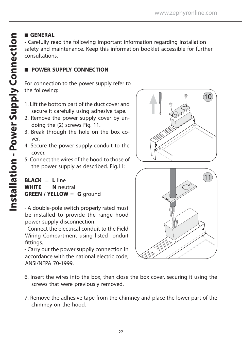 Installa tion - p o w er supply c onnec tion | Zephyr Layers Wall ALA - M90ABX User Manual | Page 22 / 27