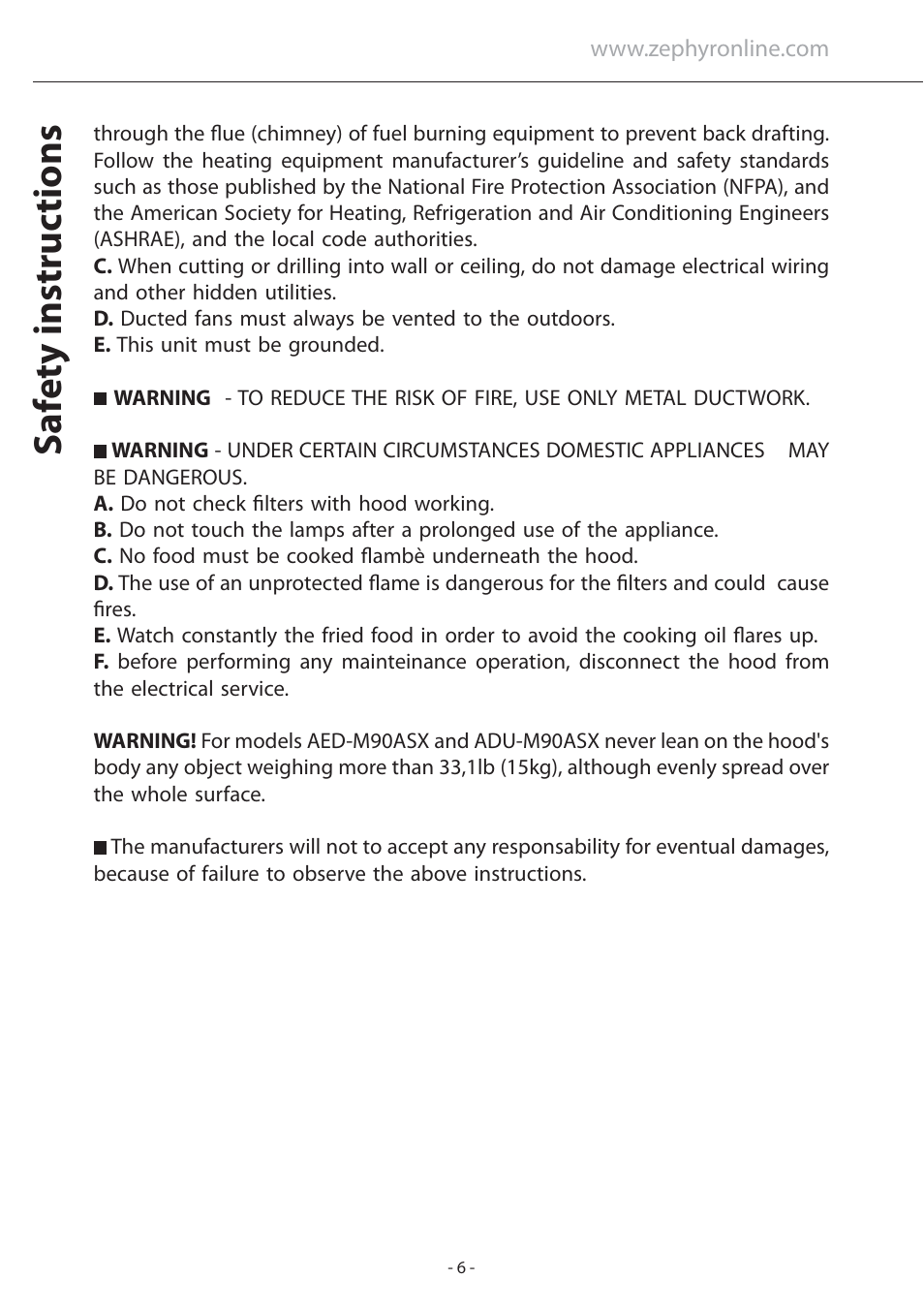 Sa fe ty instruc tions | Zephyr Layers Wall ALA - M90ABX User Manual | Page 6 / 27