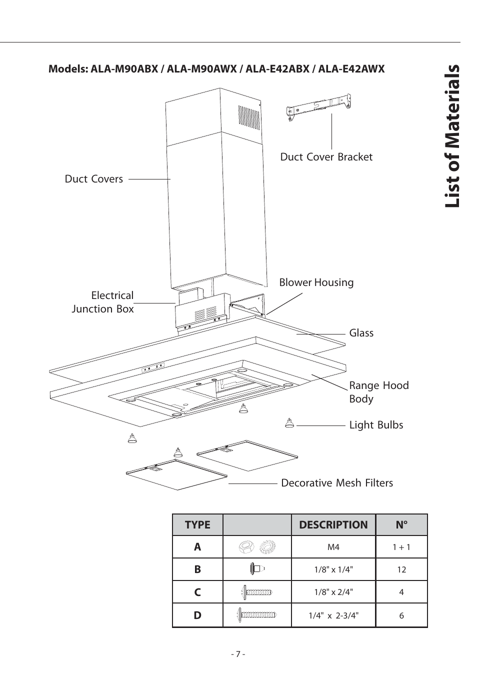 List of ma terials | Zephyr Layers Wall ALA - M90ABX User Manual | Page 7 / 27