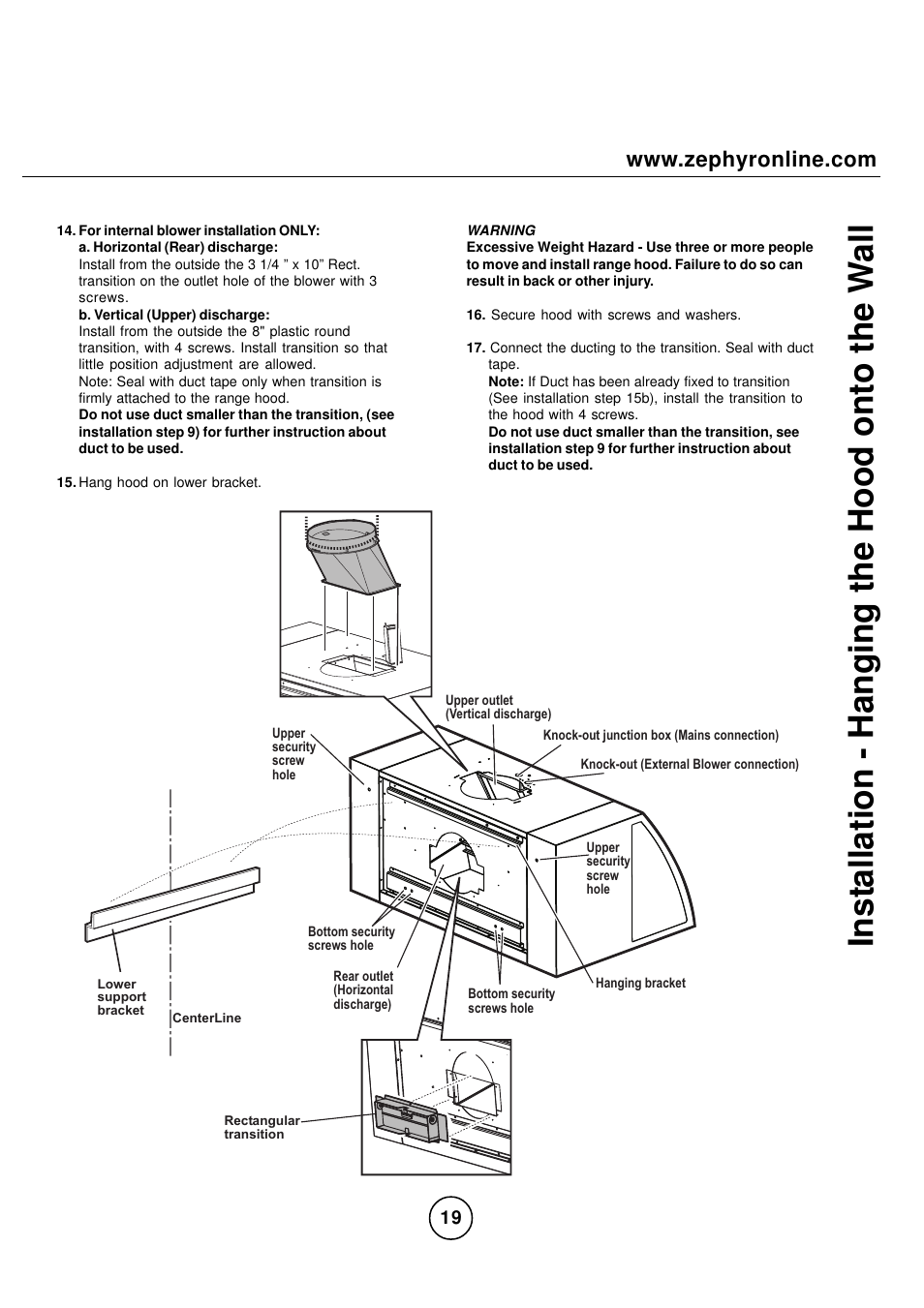 Inst allation - hanging the hood onto the w all | Zephyr CPA-E48ASX User Manual | Page 19 / 27