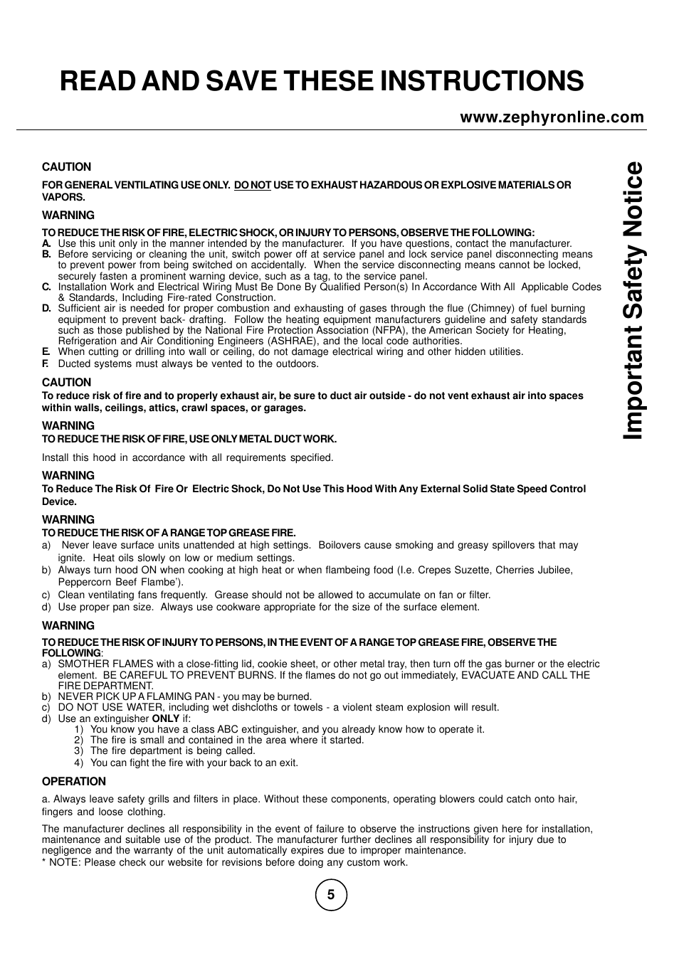Read and save these instructions, Import ant safety notice | Zephyr CPA-E48ASX User Manual | Page 5 / 27