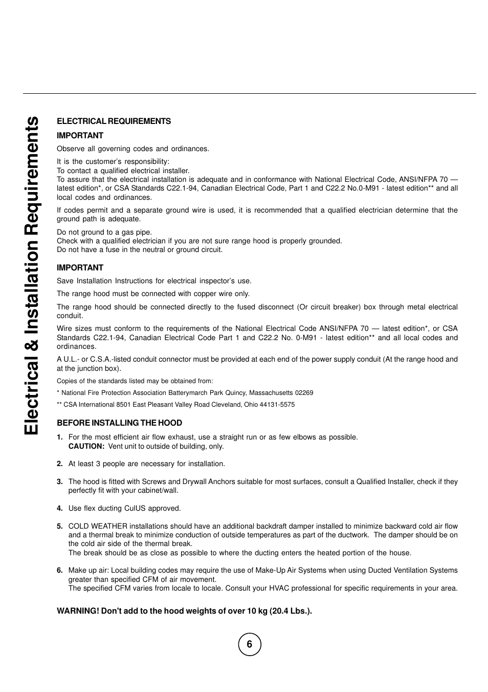 Electrical & inst allation requirement s | Zephyr CPA-E48ASX User Manual | Page 6 / 27