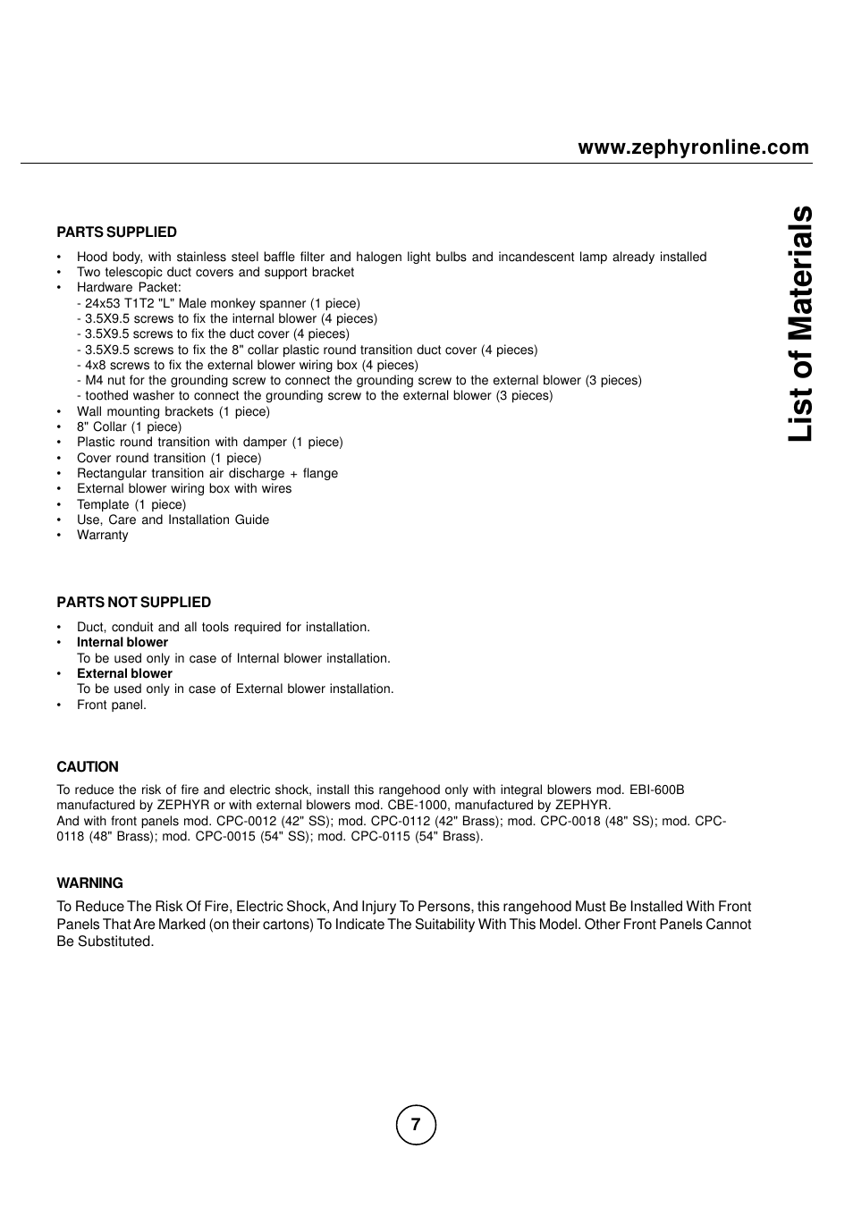 List of materials | Zephyr CPA-E48ASX User Manual | Page 7 / 27