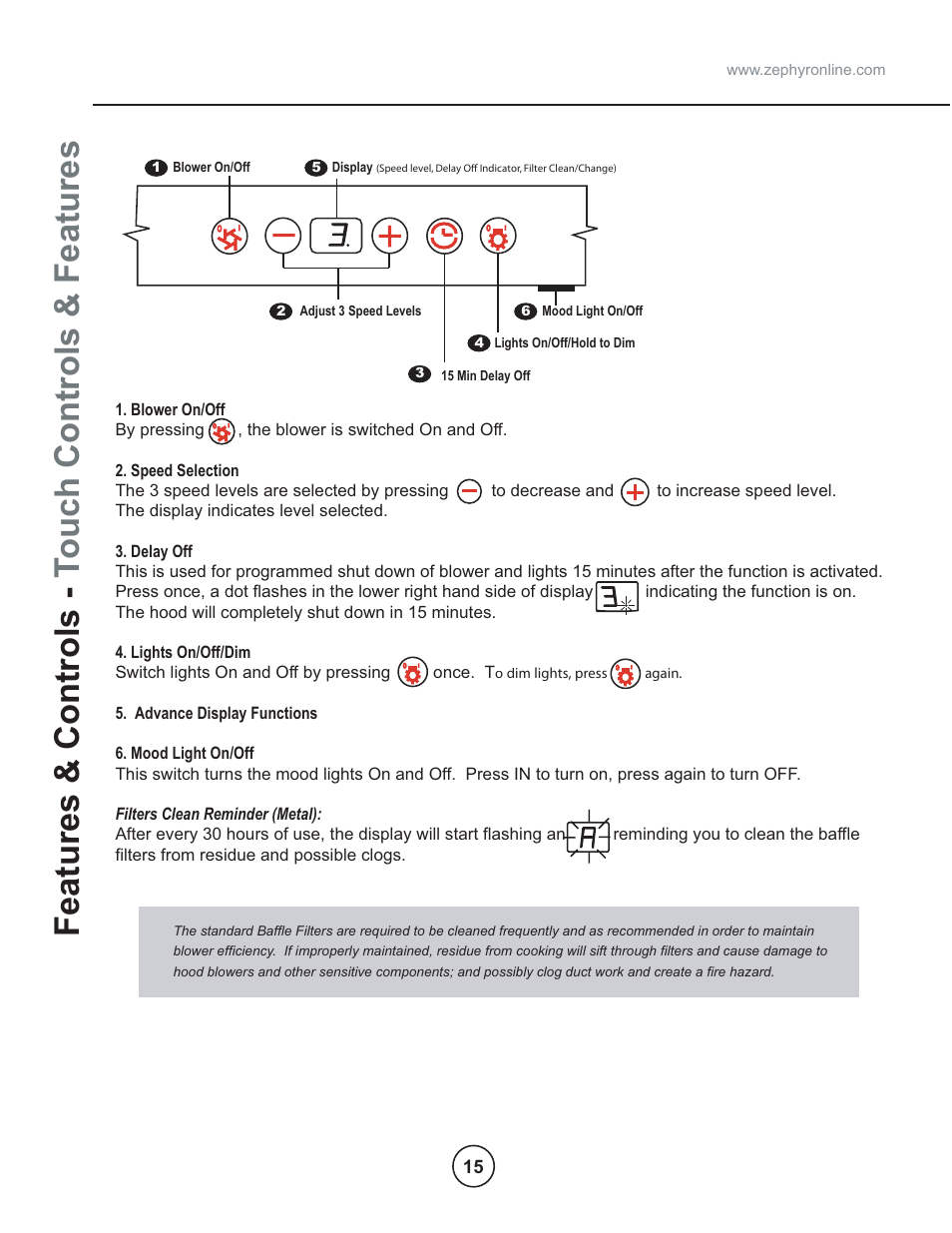 Features & controls - t ouch controls & features | Zephyr COK-E48SX User Manual | Page 17 / 23