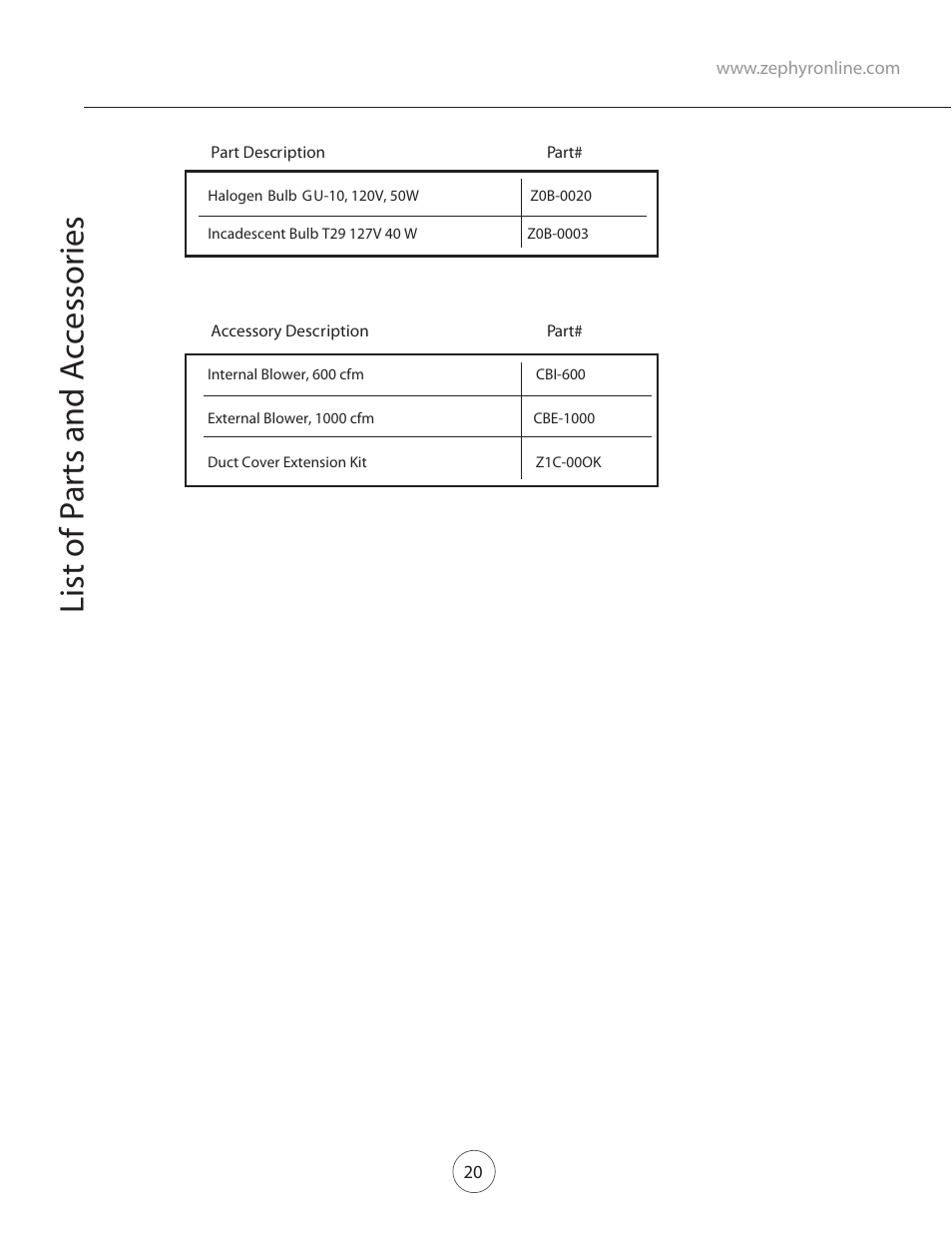 List of parts and accessories | Zephyr COK-E48SX User Manual | Page 22 / 23