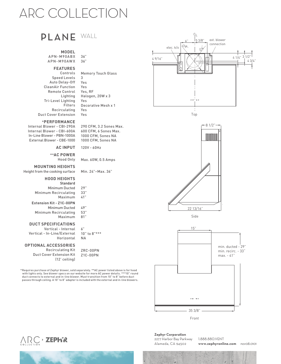 Arc collection, Plane, Wall | Zephyr APN-M90ABX User Manual | Page 2 / 2