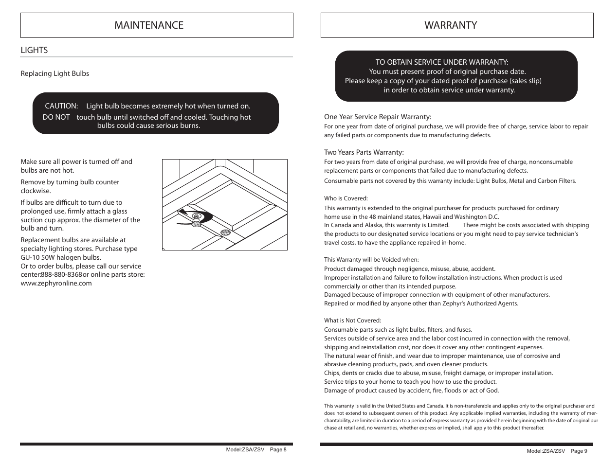 Warranty, Maintenance, Lights | Zephyr ZSA-M90AS User Manual | Page 7 / 7