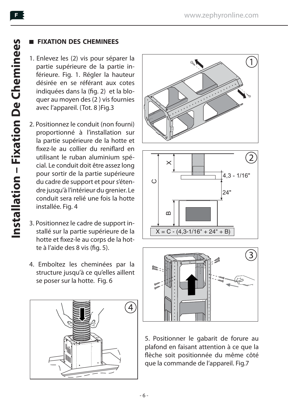 Installa tion – f ixa tion de cheminees | Zephyr Duct Cover Extension Z1C-01LL User Manual | Page 6 / 12