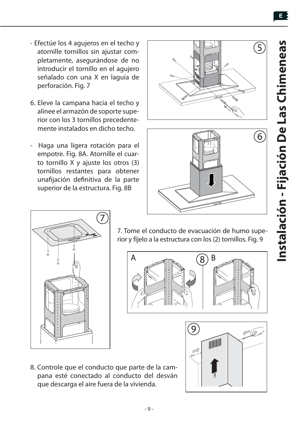 Instalación - f ijación de las chimeneas | Zephyr Duct Cover Extension Z1C-01LL User Manual | Page 9 / 12