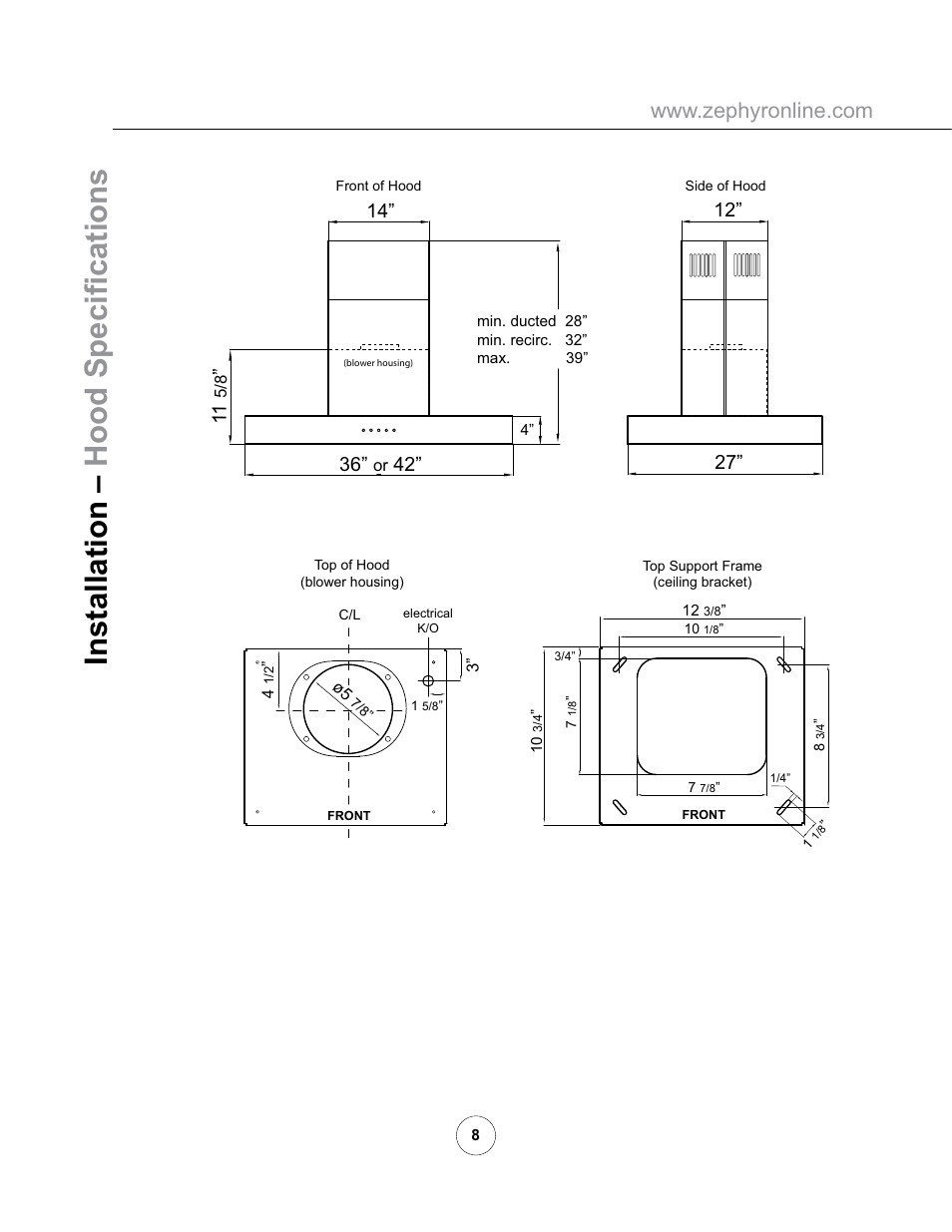 Installation – +rrg6shfl¿fdwlrqv | Zephyr ZRM-E36AS User Manual | Page 10 / 19