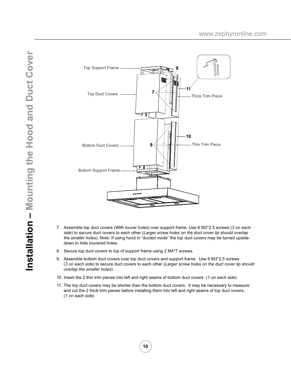 Installation – mounting the hood and duct cover | Zephyr ZRM-E36AS User Manual | Page 12 / 19