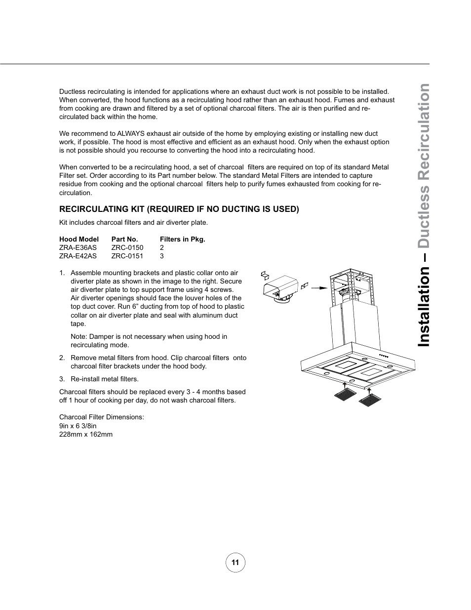 Installation – ductless recirculation | Zephyr ZRM-E36AS User Manual | Page 13 / 19