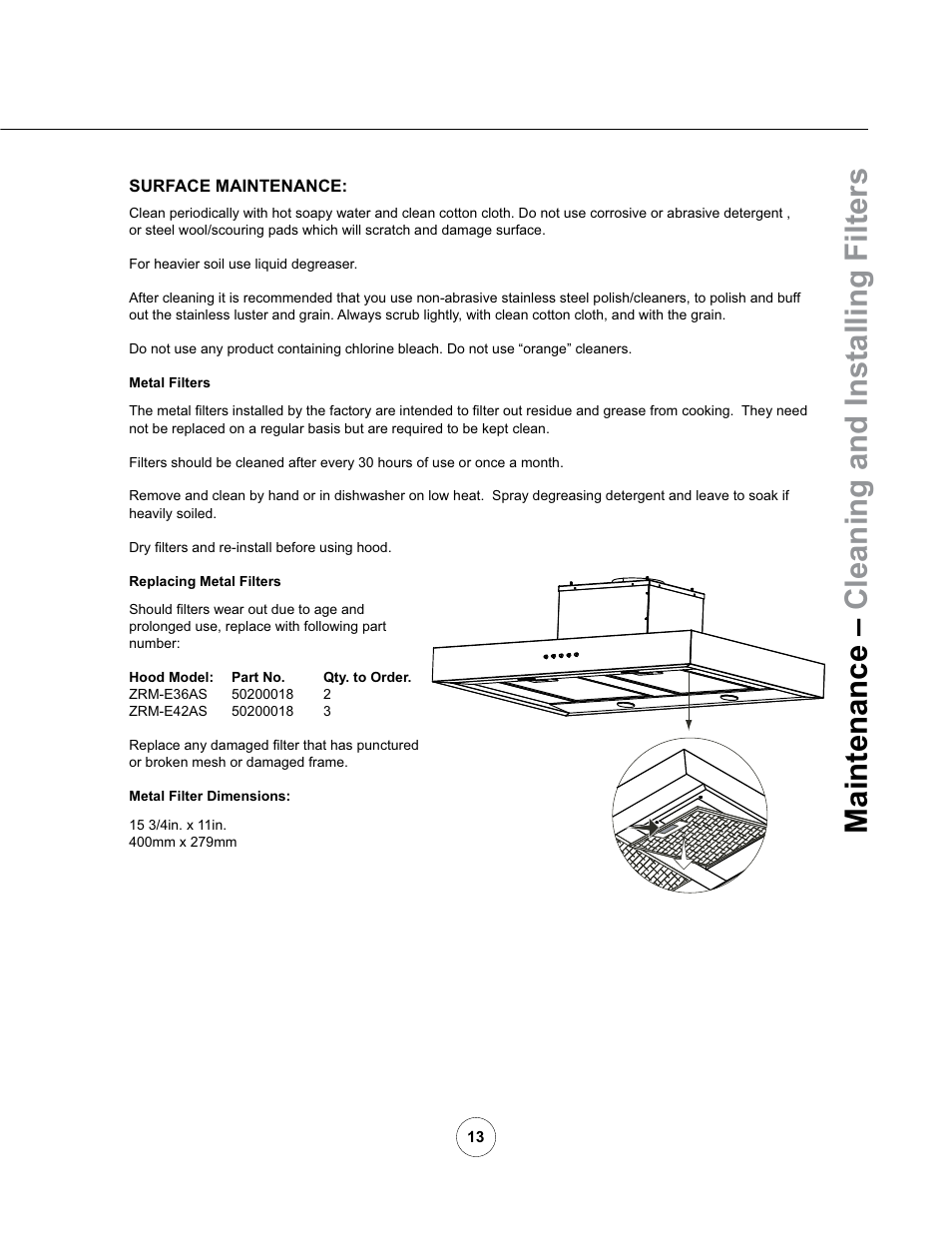 Maintenance – cleaning and installing filters | Zephyr ZRM-E36AS User Manual | Page 15 / 19