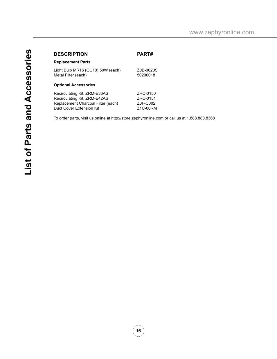 List of parts and accessories | Zephyr ZRM-E36AS User Manual | Page 18 / 19