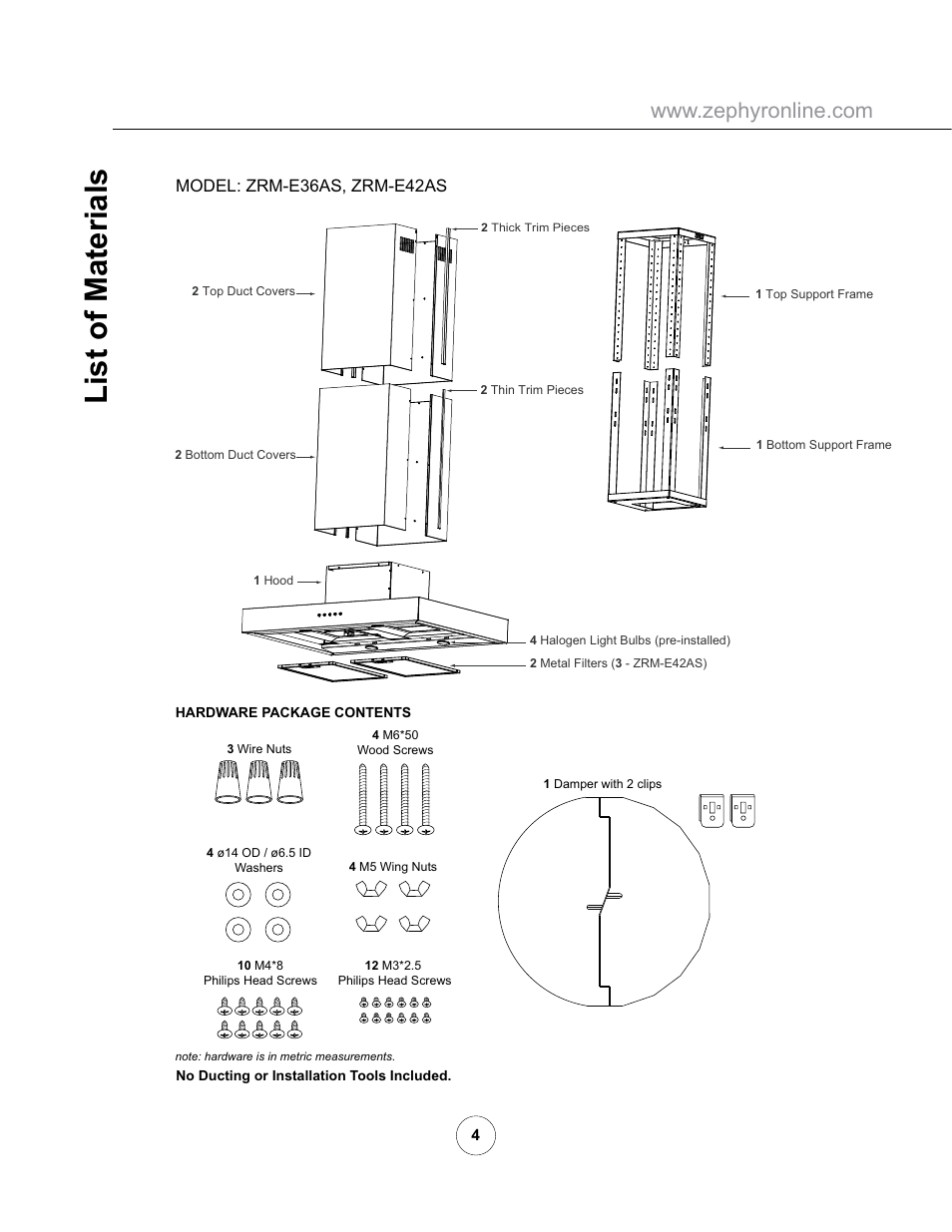 List of materials, Model: zrm-e36as, zrm-e42as | Zephyr ZRM-E36AS User Manual | Page 6 / 19