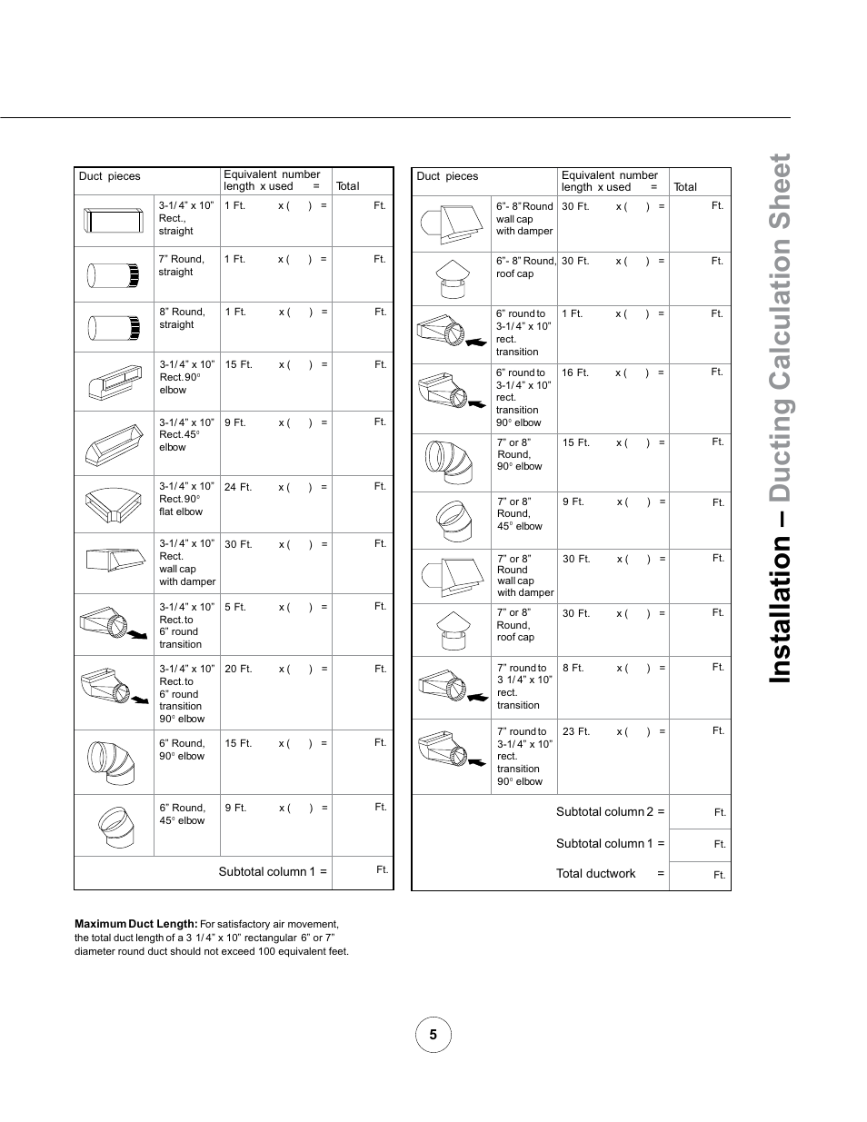 Installation – ducting calculation sheet | Zephyr ZRM-E36AS User Manual | Page 7 / 19