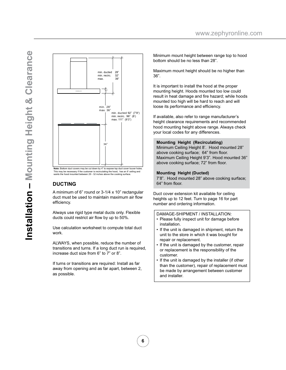 Installation – mounting height & clearance | Zephyr ZRM-E36AS User Manual | Page 8 / 19