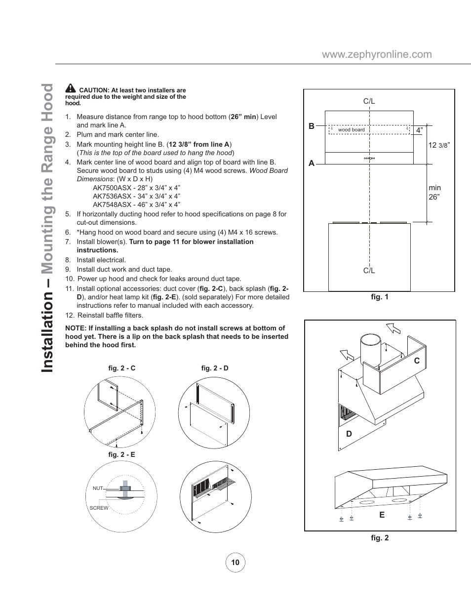 Installation – mounting the range hood | Zephyr AK7548ASX User Manual | Page 12 / 23