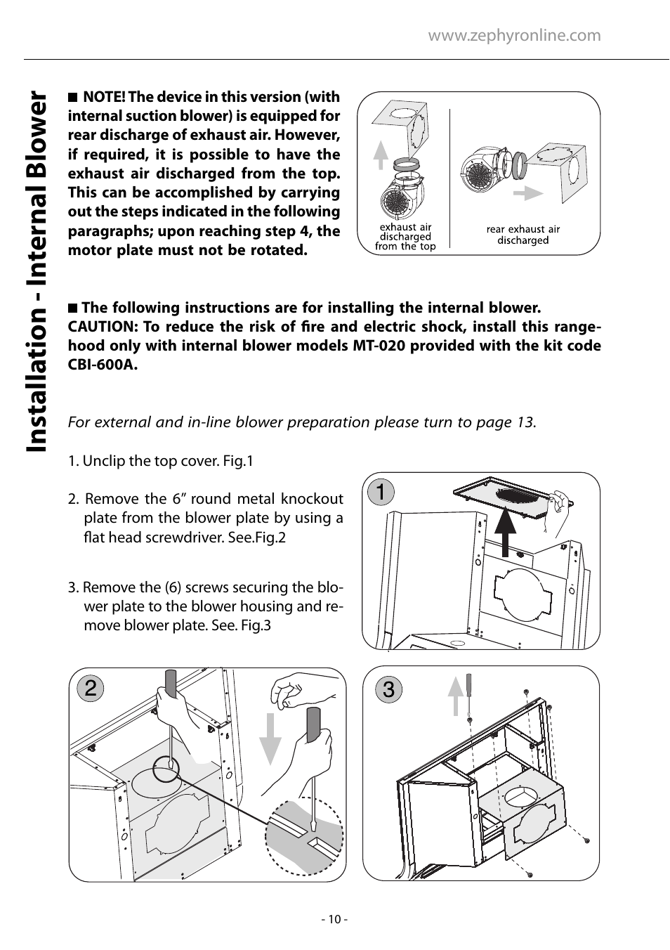 Installa tion - in ternal blo w e r | Zephyr AHZ-M90ARX User Manual | Page 10 / 22