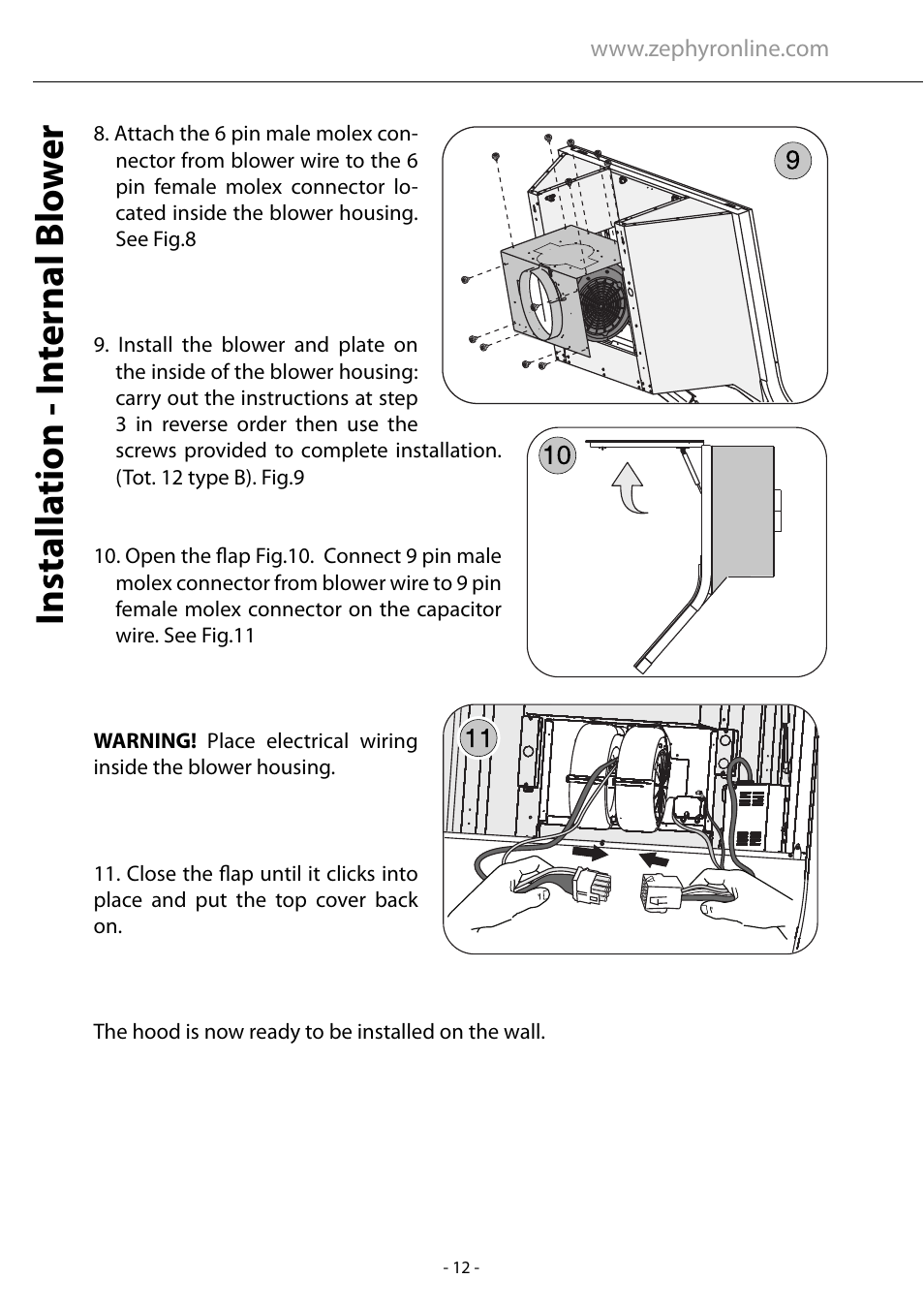 Installa tion - in ternal blo w e r | Zephyr AHZ-M90ARX User Manual | Page 12 / 22