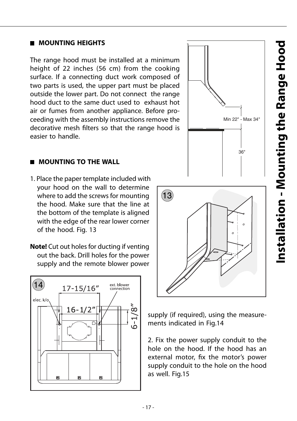 Installa tion - moun ting the r ange hood | Zephyr AHZ-M90ARX User Manual | Page 17 / 22
