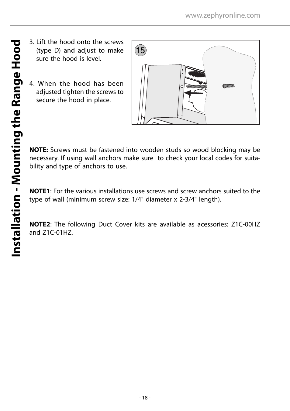Installa tion - moun ting the r ange hood | Zephyr AHZ-M90ARX User Manual | Page 18 / 22
