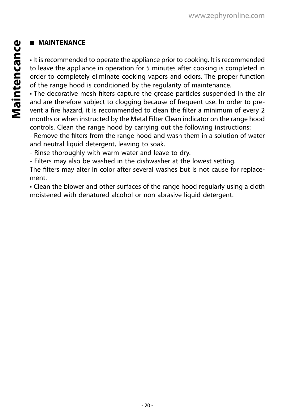 Main tencanc e | Zephyr AHZ-M90ARX User Manual | Page 20 / 22
