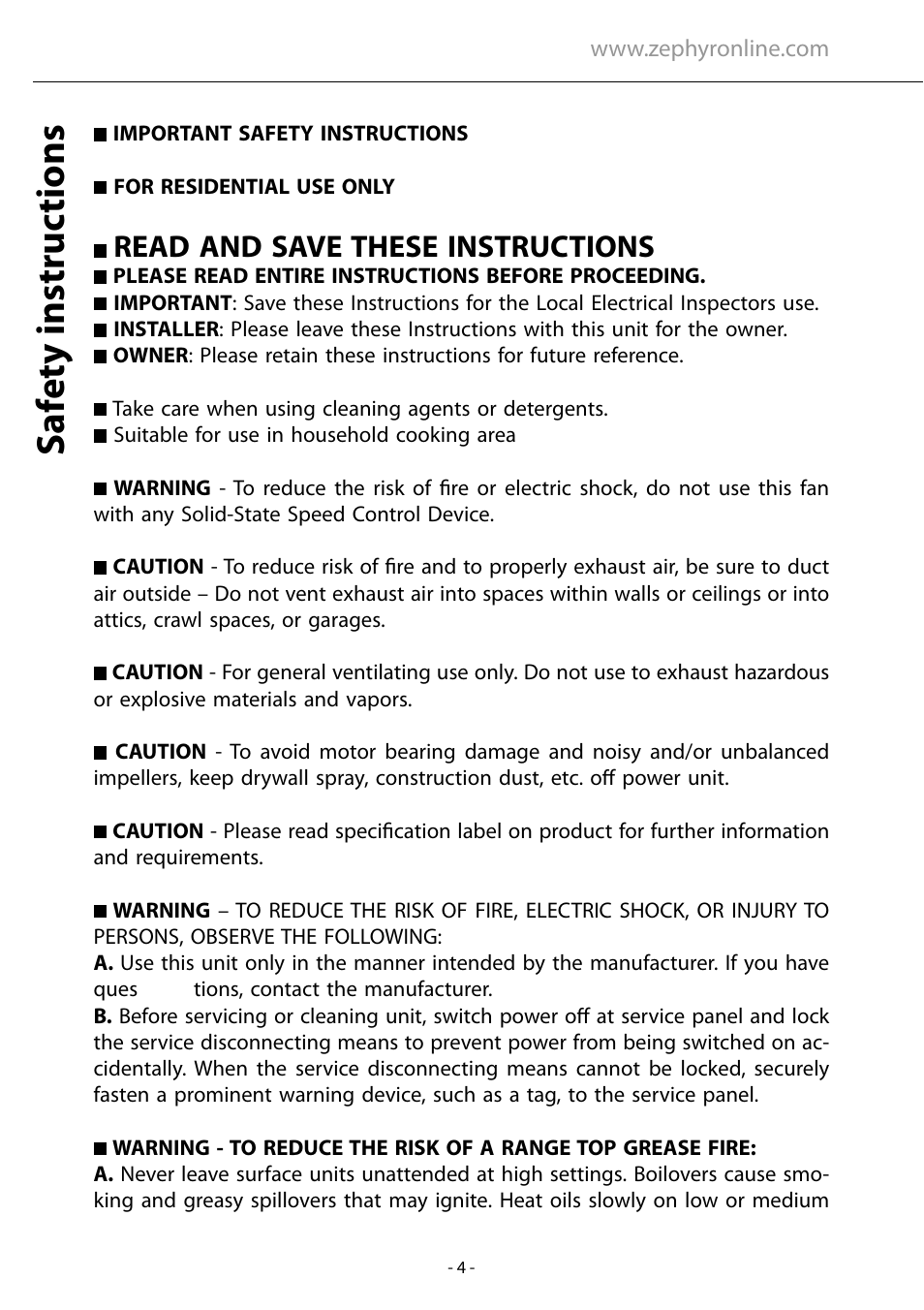 Sa fe ty instruc tions, Read and save these instructions | Zephyr AHZ-M90ARX User Manual | Page 4 / 22