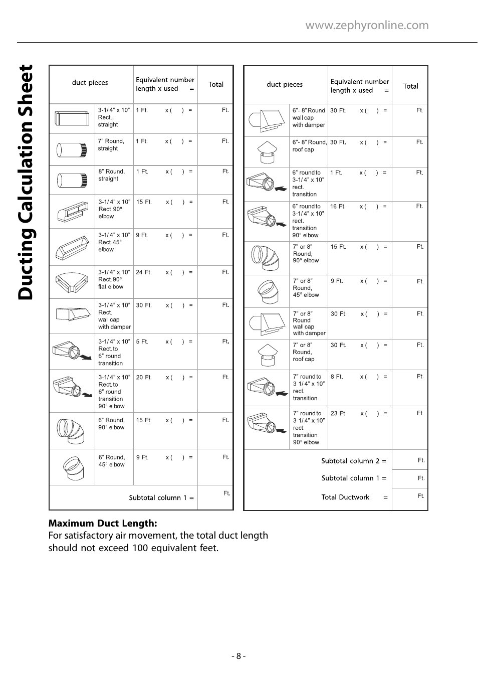 Duc ting c alcula tion sheet | Zephyr AHZ-M90ARX User Manual | Page 8 / 22