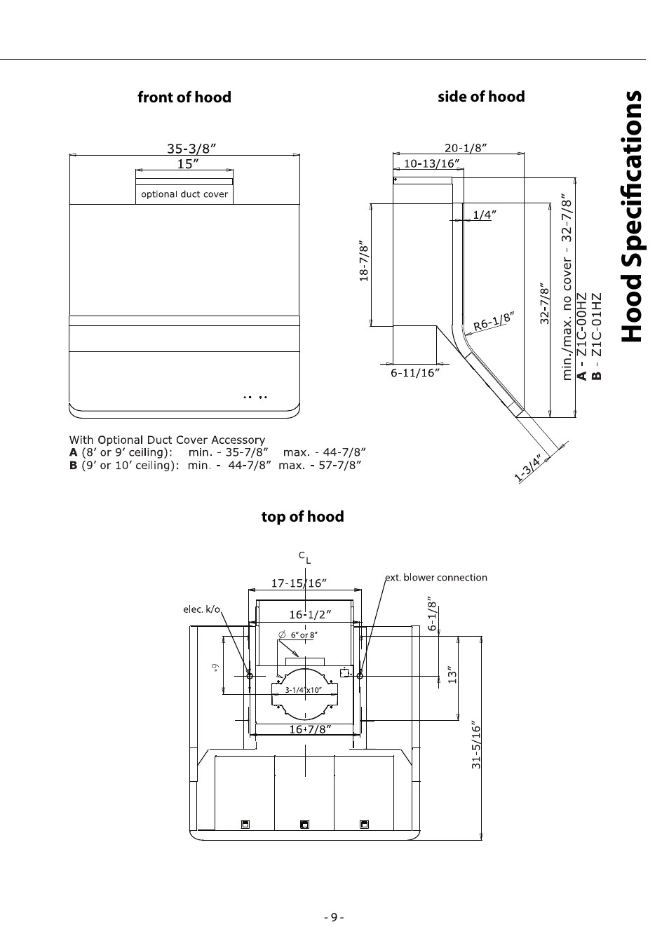 Hood specifi ca tions | Zephyr AHZ-M90ARX User Manual | Page 9 / 22