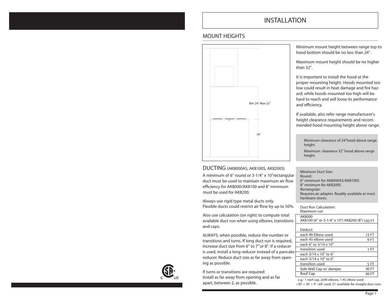 Installation, Mount heights ducting | Zephyr AK8100S User Manual | Page 2 / 7