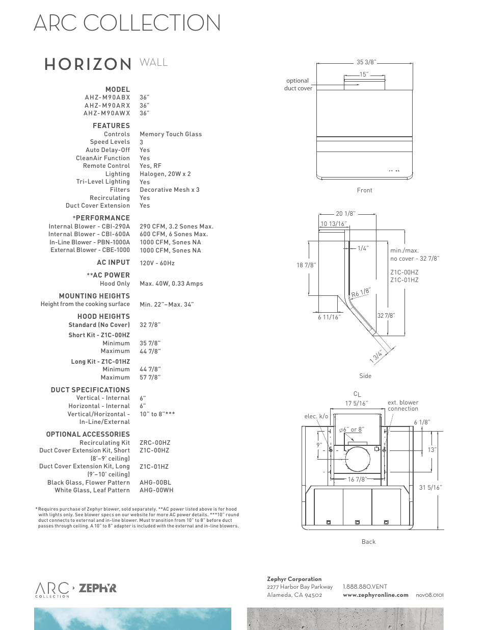 Arc collection, Horizon, Wall | Zephyr ARC AHZ-M90AWX User Manual | Page 2 / 2
